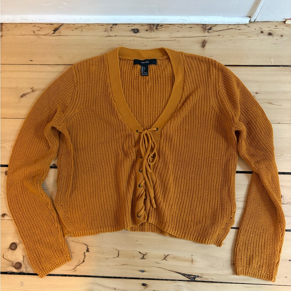 Forever 21 Mustard Lace-Up V-Neck Sweater